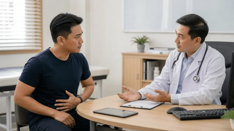Pesakit berbincang dengan doktor tentang sensitiviti perut dan rawatan TCA dos rendah