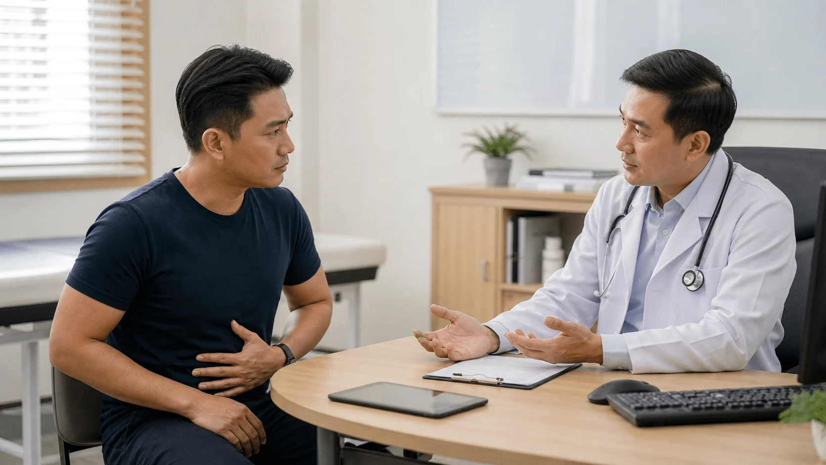 Pesakit berbincang dengan doktor tentang sensitiviti perut dan rawatan TCA dos rendah