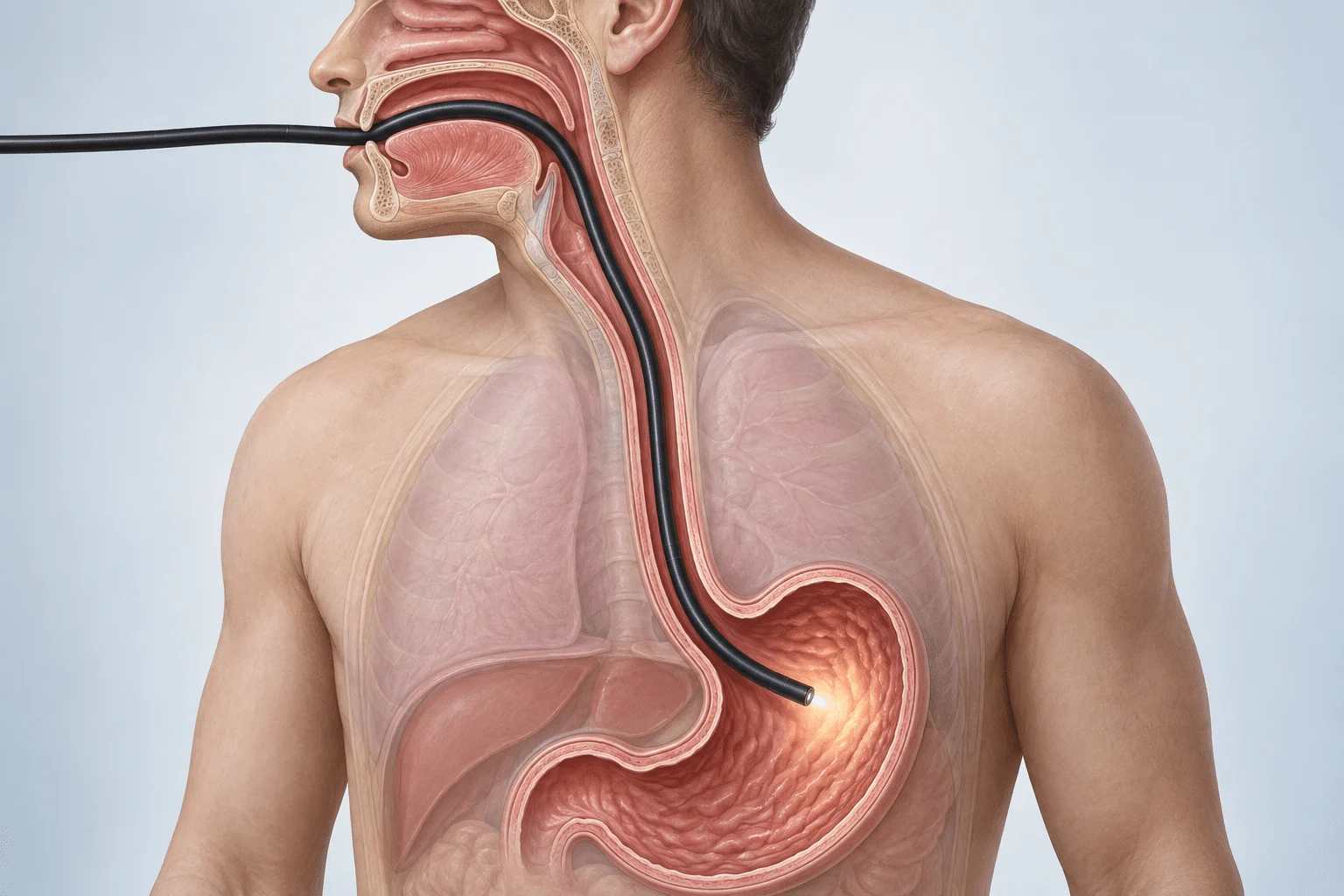 Ilustrasi satu gastroskop melalui mulut dan esofagus hingga ke dalam perut