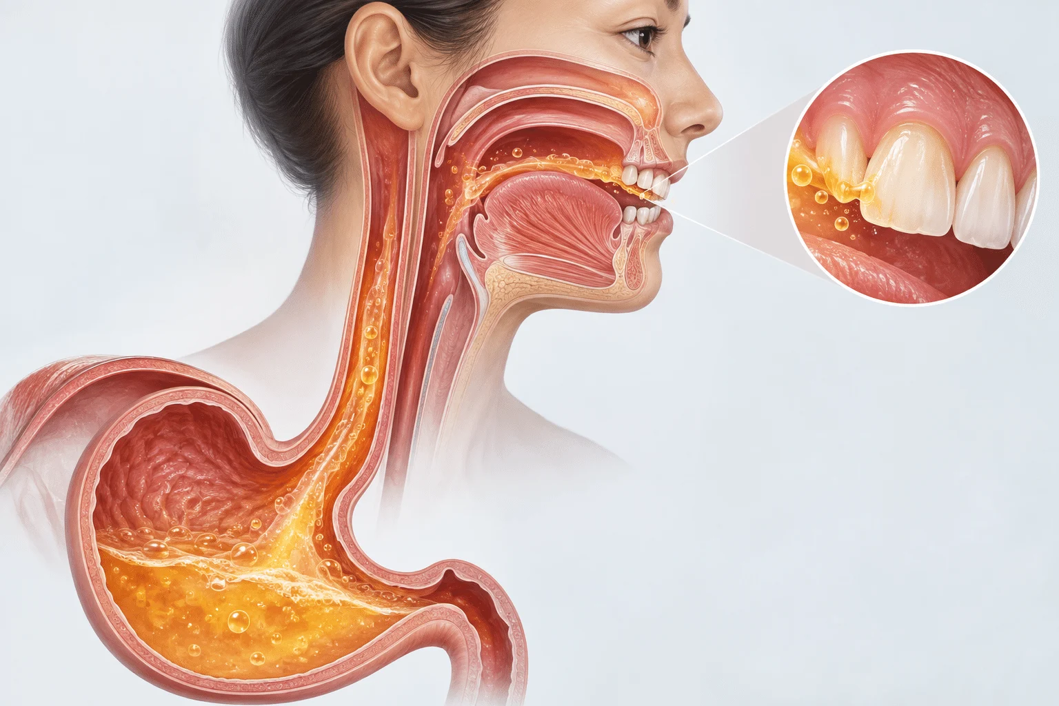 Ilustrasi perubatan menunjukkan asid perut naik melalui esofagus ke tekak dan mulut hingga menjejaskan enamel gigi
