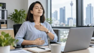 Pekerja pejabat melakukan latihan pernafasan diafragma dengan tangan di dada dan perut