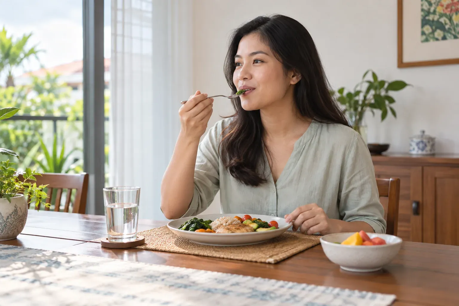 Wanita makan perlahan dalam posisi duduk tegak dengan hidangan seimbang
