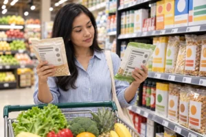 Pembeli Malaysia membandingkan label nutrisi pada dua produk makanan