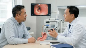 Pesakit berbincang dengan pakar gastroenterologi tentang pemantauan refluks kronik