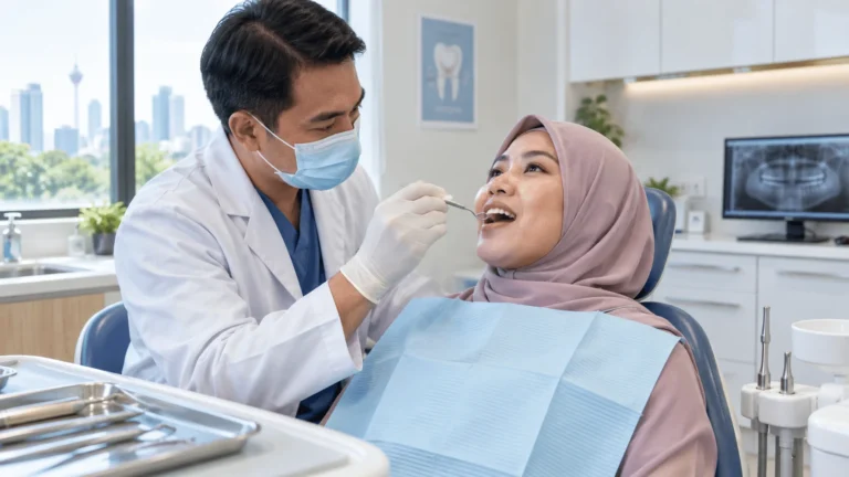 Doktor gigi memeriksa enamel gigi pesakit untuk menilai kesan refluks asid pada kesihatan mulut