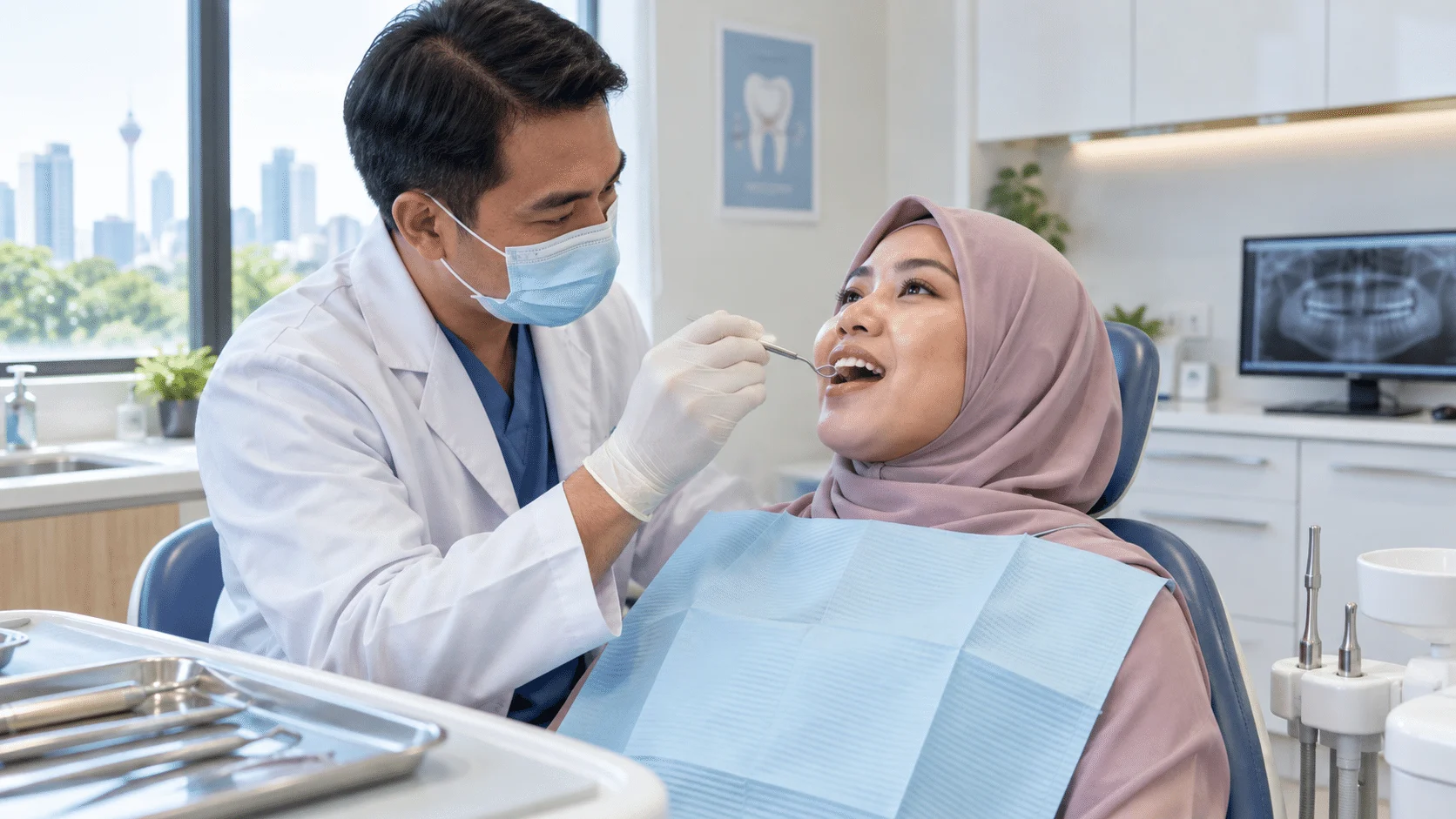 Doktor gigi memeriksa enamel gigi pesakit untuk menilai kesan refluks asid pada kesihatan mulut