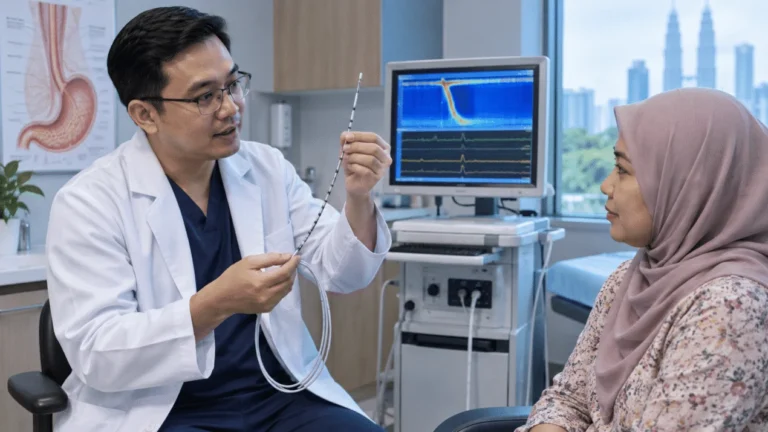 Doktor menerangkan kateter dan peralatan high-resolution manometry kepada pesakit