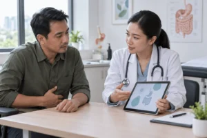 Pesakit berbincang dengan doktor untuk menilai semula simptom penghadaman yang berterusan