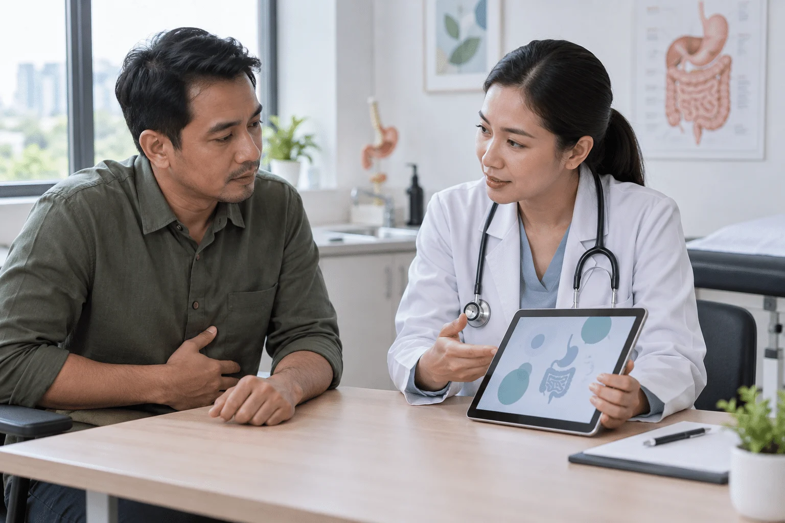 Pesakit berbincang dengan doktor untuk menilai semula simptom penghadaman yang berterusan
