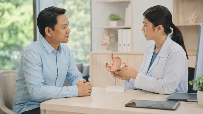 Doktor menerangkan kesihatan perut dan risiko H. pylori kepada pesakit