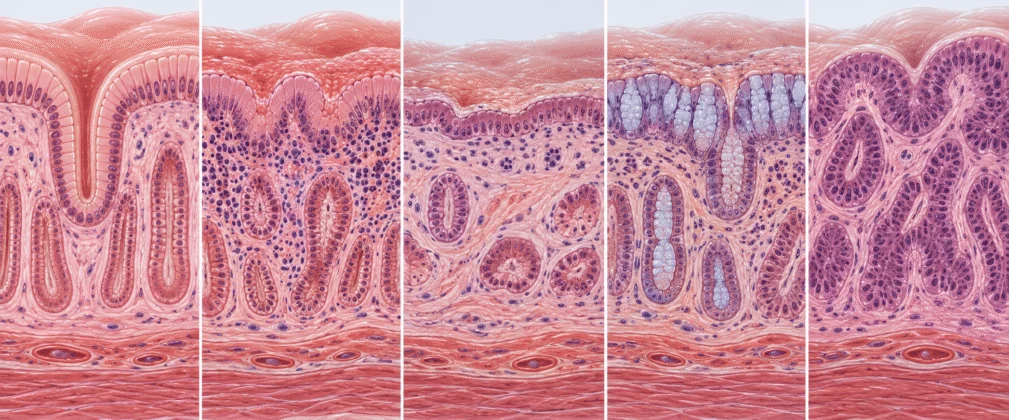 Ilustrasi peringkat perubahan mukosa daripada sihat hingga displasia dalam gastritis atropik