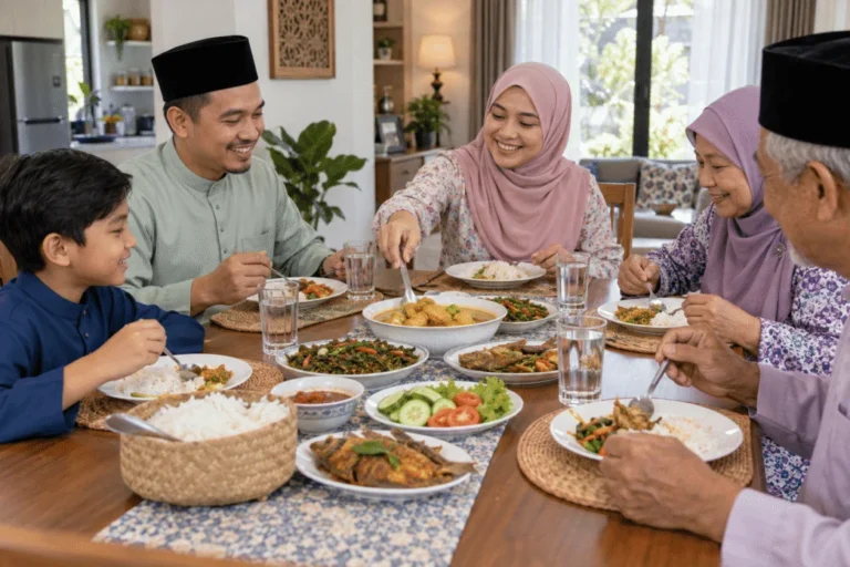 Keluarga Malaysia berkongsi hidangan menggunakan sudu hidang dan peralatan makan masing-masing
