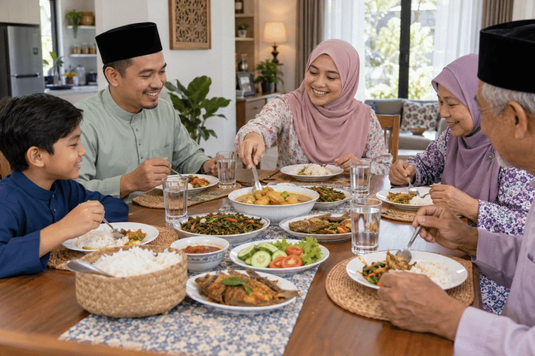 Keluarga Malaysia berkongsi hidangan menggunakan sudu hidang dan peralatan makan masing-masing