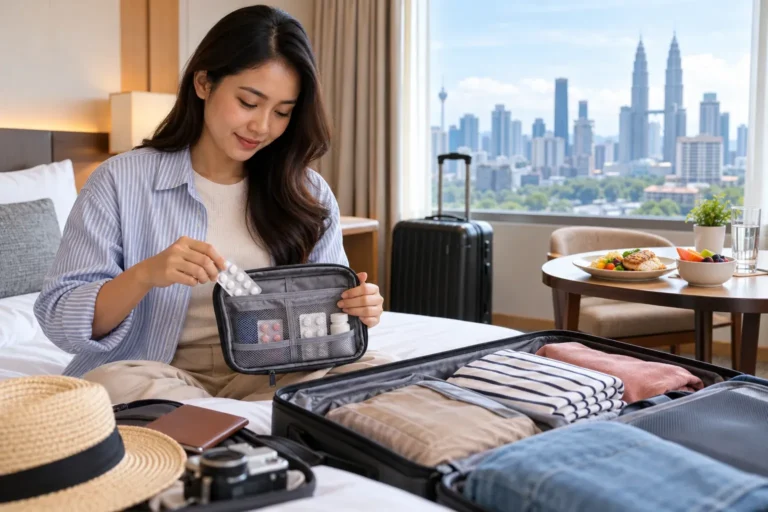 Wanita Malaysia menyediakan beg ubat dan bagasi sebelum melancong