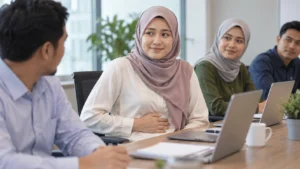 Wanita meletakkan tangan pada perut ketika mesyuarat selepas menyedari bunyi perut yang kuat