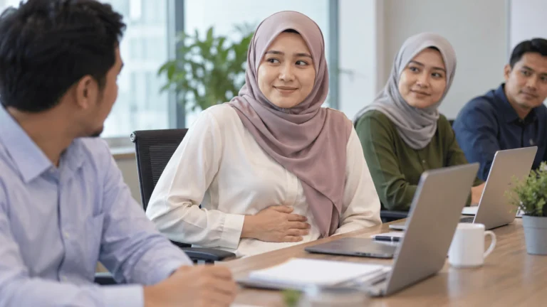 Wanita meletakkan tangan pada perut ketika mesyuarat selepas menyedari bunyi perut yang kuat