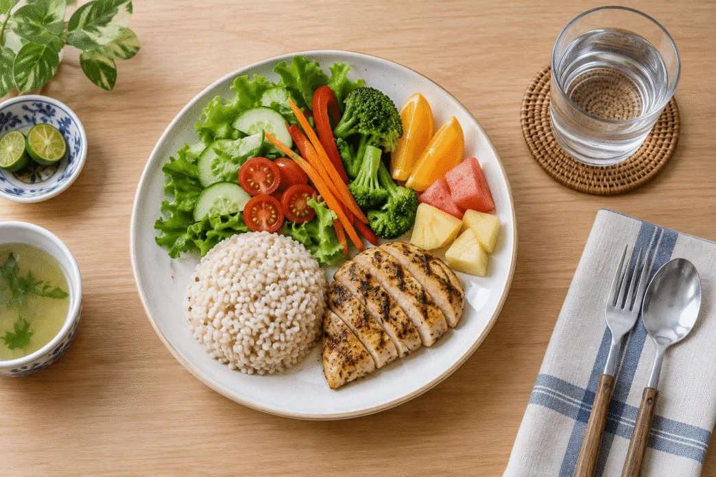 Pinggan seimbang dengan sayur dan buah, nasi, protein tanpa lemak serta air kosong