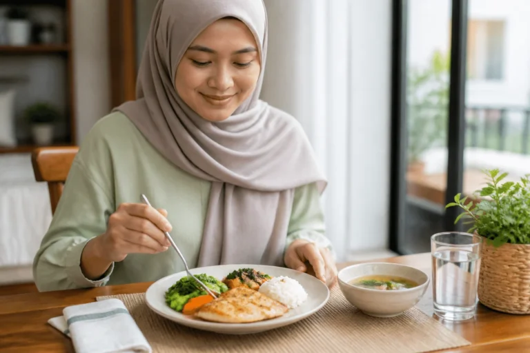 Wanita menikmati hidangan seimbang dengan nasi, protein rendah lemak dan sayur yang dimasak