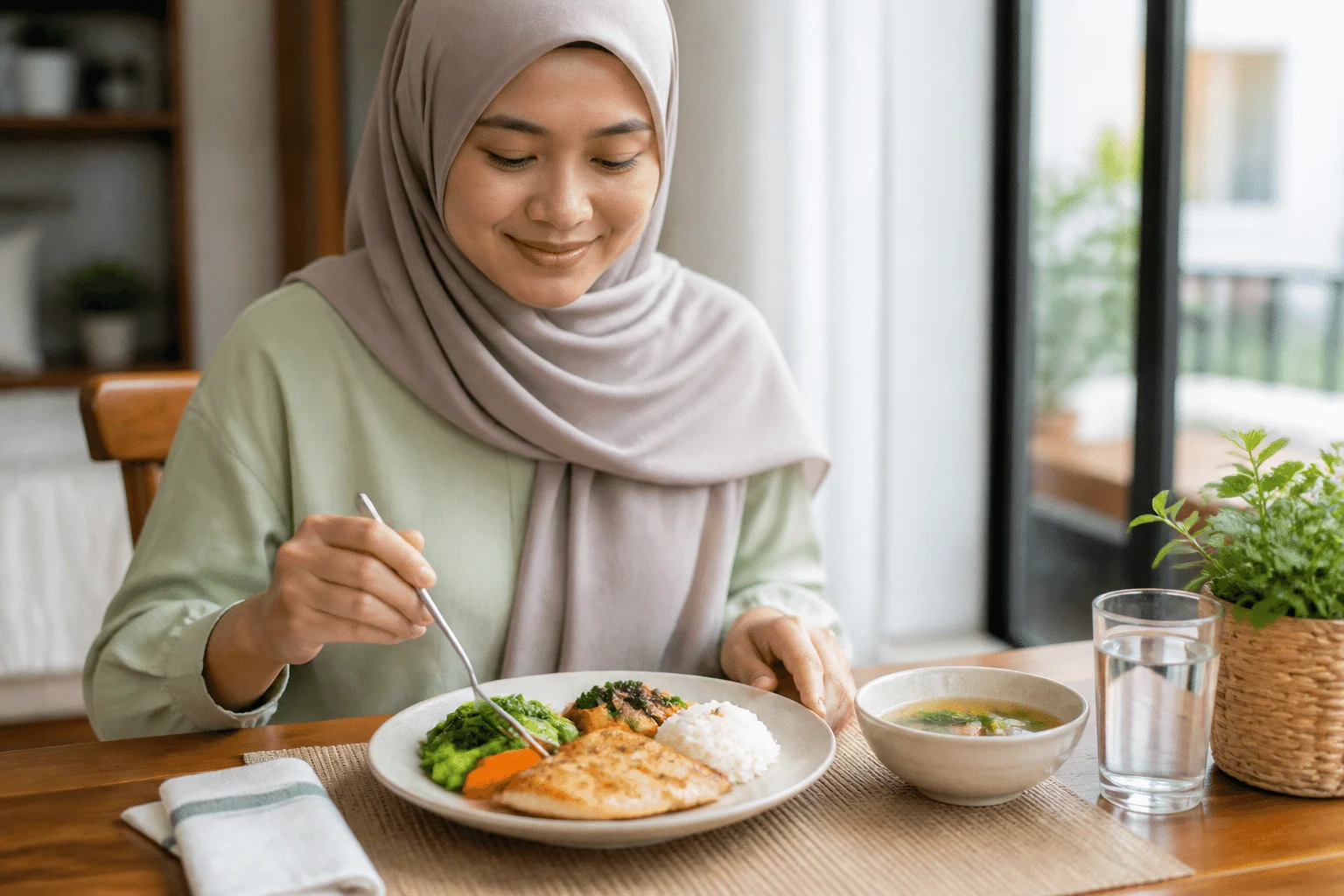 Wanita menikmati hidangan seimbang dengan nasi, protein rendah lemak dan sayur yang dimasak