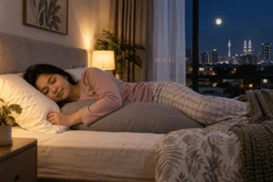 Individu tidur mengiring ke kiri dengan sokongan bantal panjang di bilik yang tenang