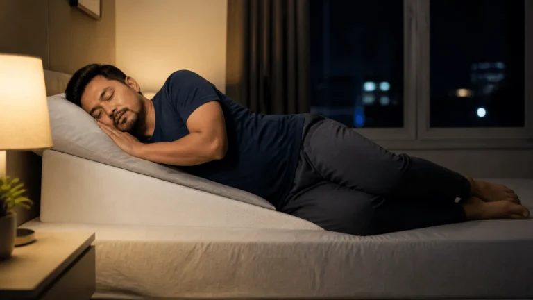 Lelaki tidur mengiring kiri dengan bahagian atas badan ditinggikan menggunakan bantal baji