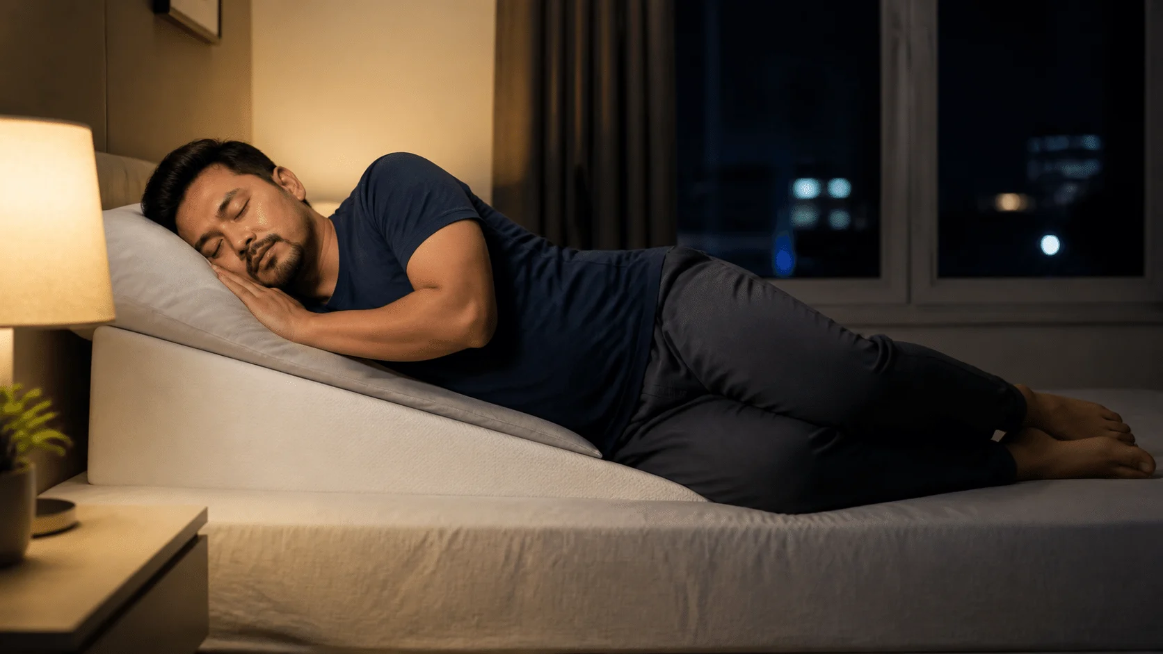 Lelaki tidur mengiring kiri dengan bahagian atas badan ditinggikan menggunakan bantal baji