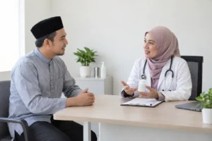 Pesakit Muslim berbincang tentang rutin ubat dengan doktor di klinik