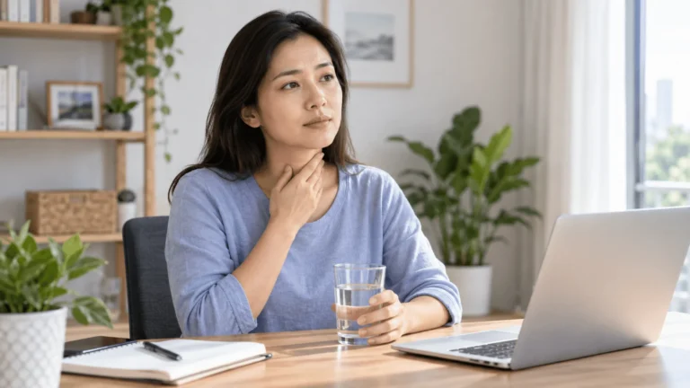 Wanita Malaysia menyentuh tekak sambil menilai rasa ketulan di tekak