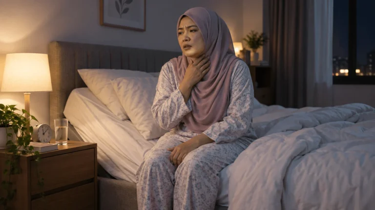 Wanita duduk tegak di atas katil sambil memegang tekak selepas terjaga akibat rasa tercekik waktu malam
