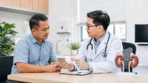Doktor menyemak penggunaan ubat PPI jangka panjang dan kesihatan buah pinggang bersama pesakit