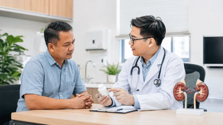 Doktor menyemak penggunaan ubat PPI jangka panjang dan kesihatan buah pinggang bersama pesakit