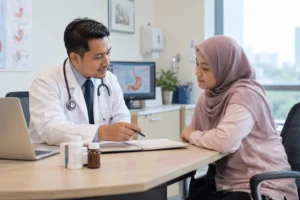 Pesakit berbincang dengan doktor semasa semakan tahunan rawatan GERD dan gastrik