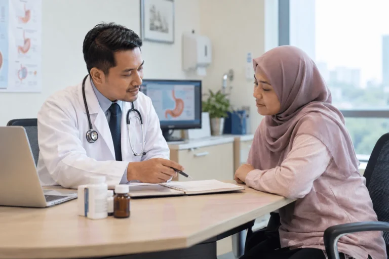 Pesakit berbincang dengan doktor semasa semakan tahunan rawatan GERD dan gastrik