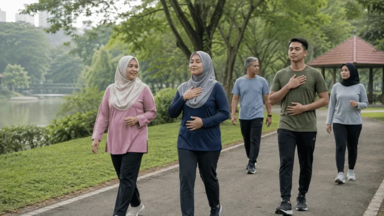 Sekumpulan dewasa Malaysia berjalan santai dan berlatih pernafasan di taman