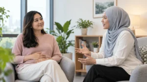 Pesakit berbincang dengan ahli terapi tentang pengurusan hipersensitiviti usus melalui CBT