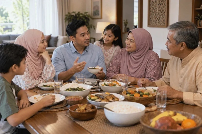 Keluarga Malaysia mendengar penerangan ahli keluarga tentang pilihan makanan bagi mengurus GERD