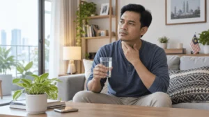 Lelaki Malaysia memegang tekak dengan lembut sambil minum air