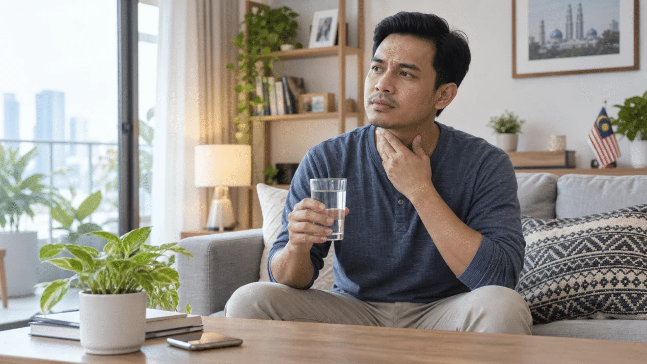 Lelaki Malaysia memegang tekak dengan lembut sambil minum air