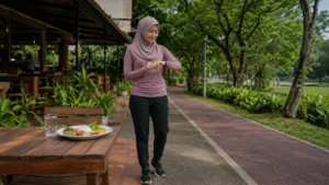 Wanita memeriksa jam sebelum berjoging selepas menikmati hidangan