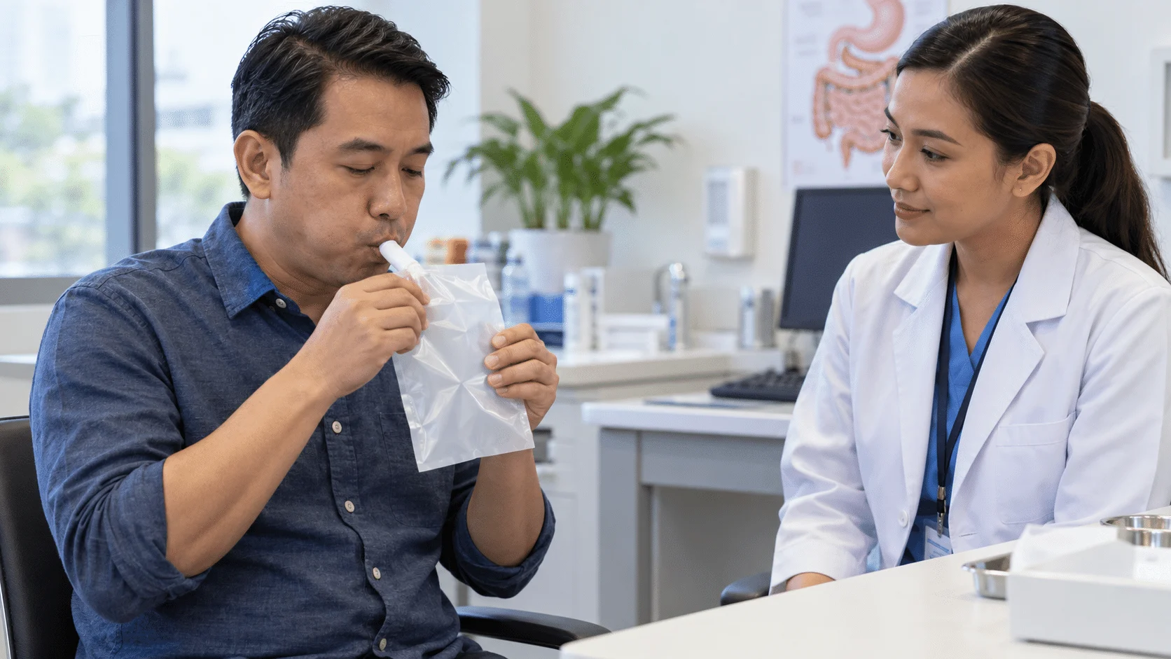 Pesakit menjalani ujian pernafasan urea di klinik selepas rawatan H. pylori
