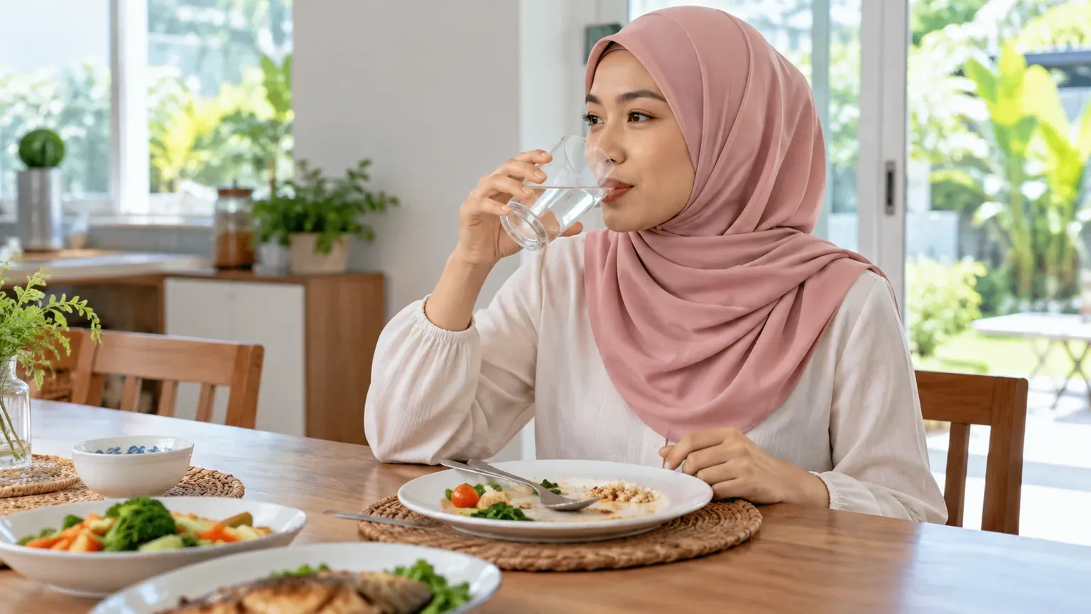 Wanita Malaysia duduk tegak dan minum sedikit air kosong selepas menikmati hidangan seimbang