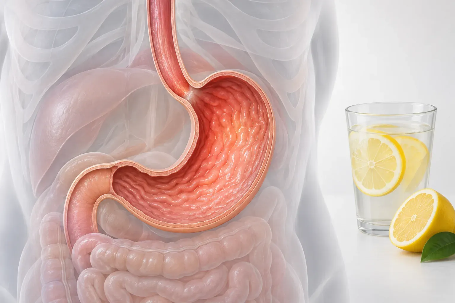 Ilustrasi anatomi perut dan jus lemon sebagai penerangan tentang minuman berasid