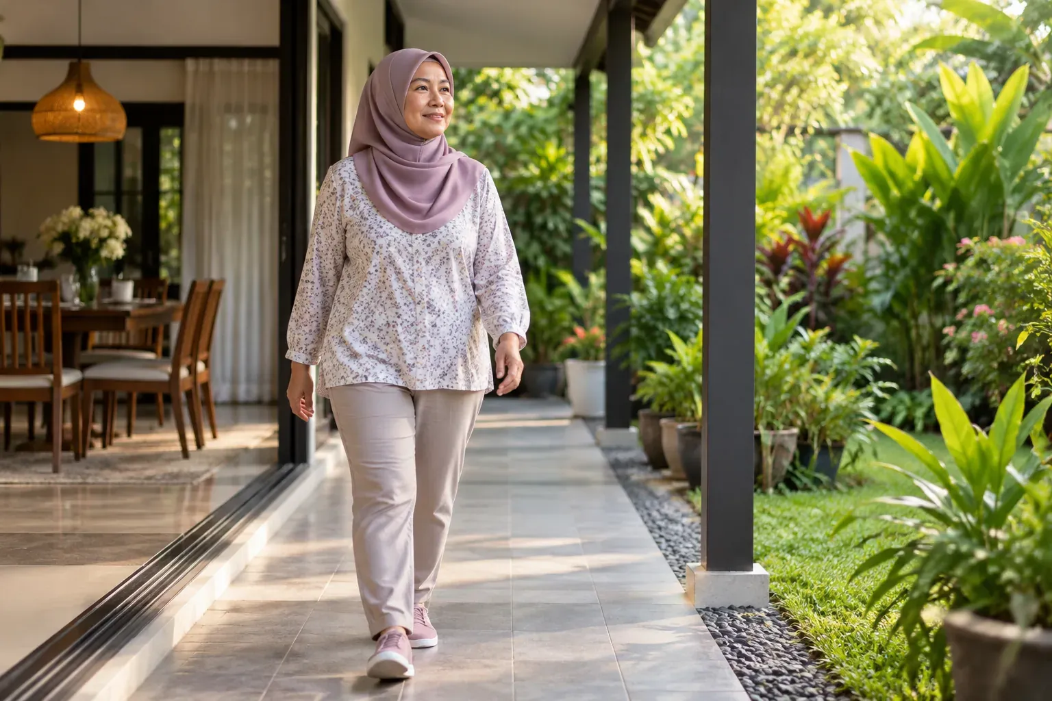 Wanita berjalan perlahan dalam posisi tegak selepas makan untuk membantu mengurangkan refluks