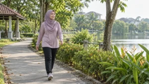 Wanita berjalan santai di taman selepas makan untuk menyokong rutin pencernaan sihat