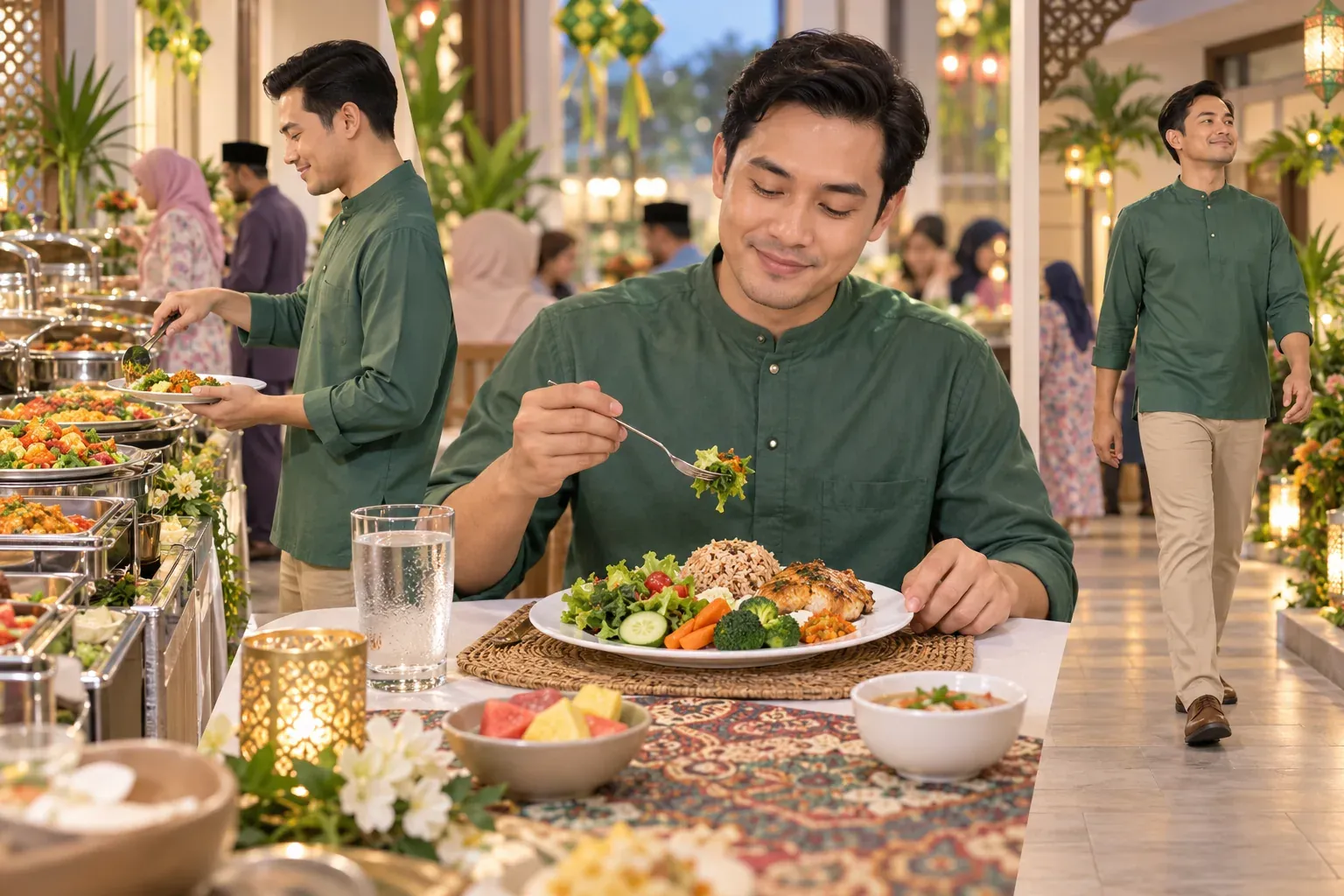 Ilustrasi memilih hidangan seimbang, minum air dan kekal tegak selepas makan di jamuan