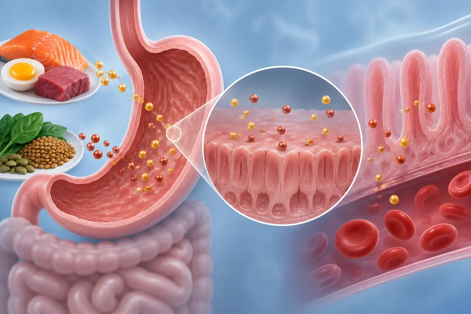 Ilustrasi penyerapan vitamin B12 dan zat besi yang boleh terganggu dalam gastritis atropik