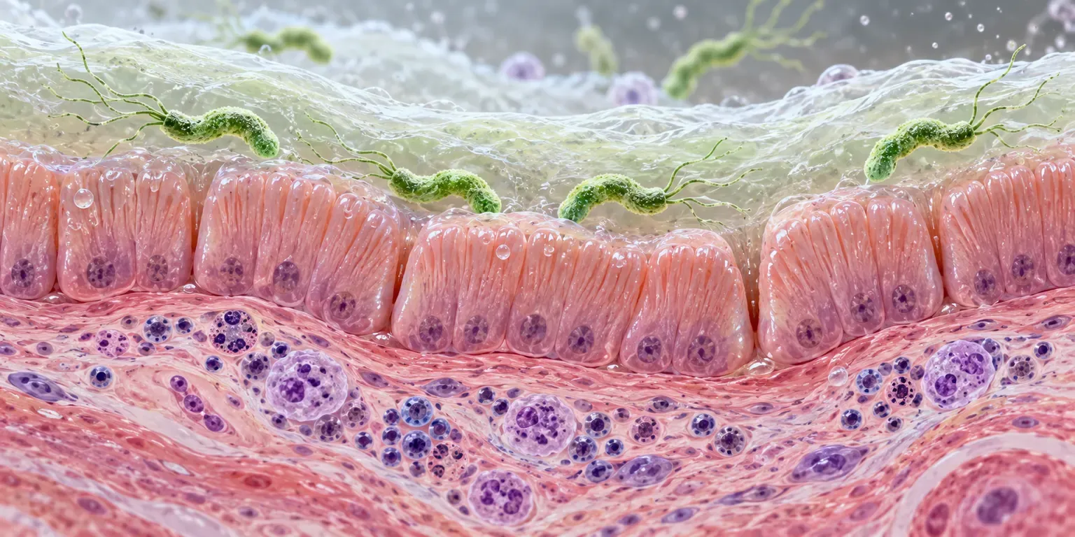 Ilustrasi bakteria H. pylori berhampiran lapisan mukosa perut