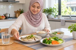 Wanita menyediakan hidangan rendah lemak dengan ikan, nasi dan sayur-sayuran