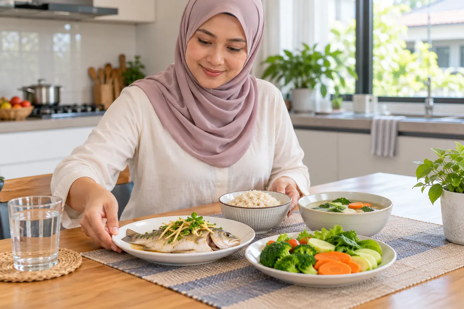 Wanita menyediakan hidangan rendah lemak dengan ikan, nasi dan sayur-sayuran