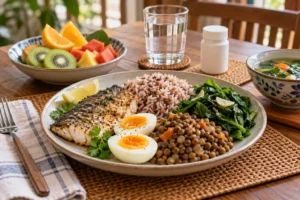 Hidangan seimbang dengan ikan, telur, sayur hijau, kekacang dan buah